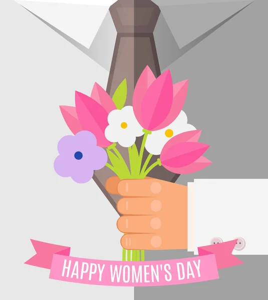 Happy International Women Day March Postcard Businessman Holding Bouquet Pink — Stock Vector