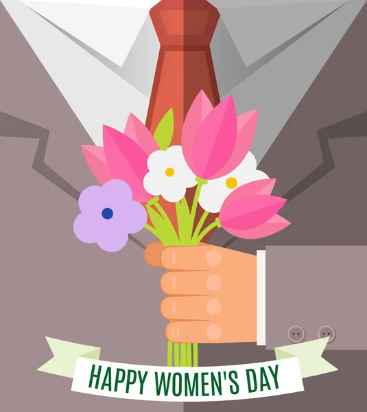 Happy International Women Day March Postcard Businessman Holding Bouquet Pink — Stock Vector