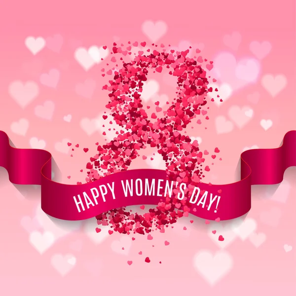 絹のリボンと 試合と女性当日の背景はピンクの紙の心から成っています 女性や母の日のグリーティング カード ベクトル図 — ストックベクタ