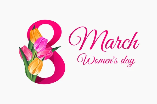 日国際女性の日グリーティング カード テンプレートとチューリップと春の花 ベクトル図 — ストックベクタ