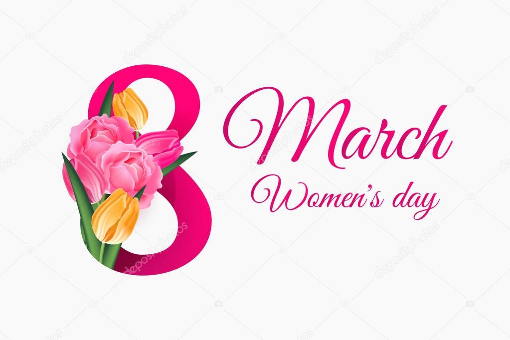 8 March, International Women's Day  greeting card template with tulp, roses and spring flowers. Vector illustration