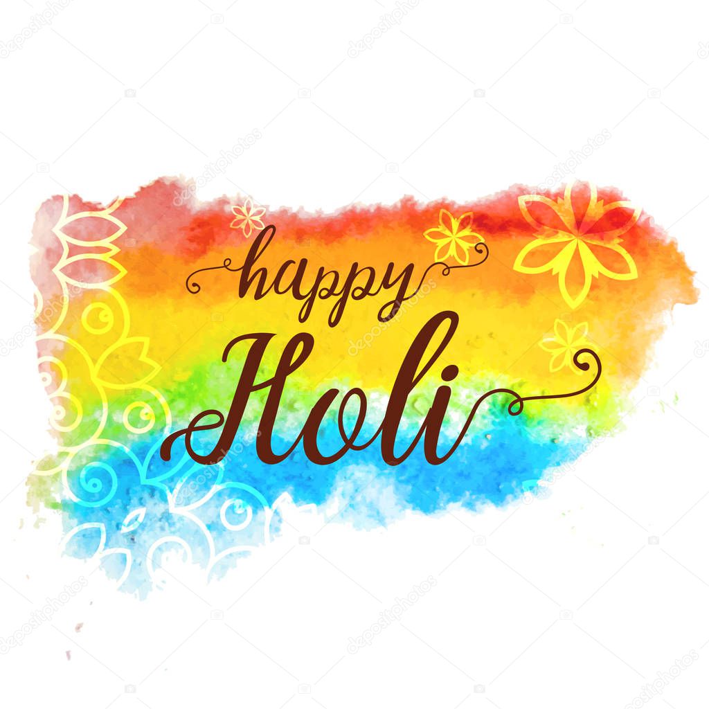 Abstract watercolor rainbow colorful Happy Holi vector illustration background with indian ornaments and flowers