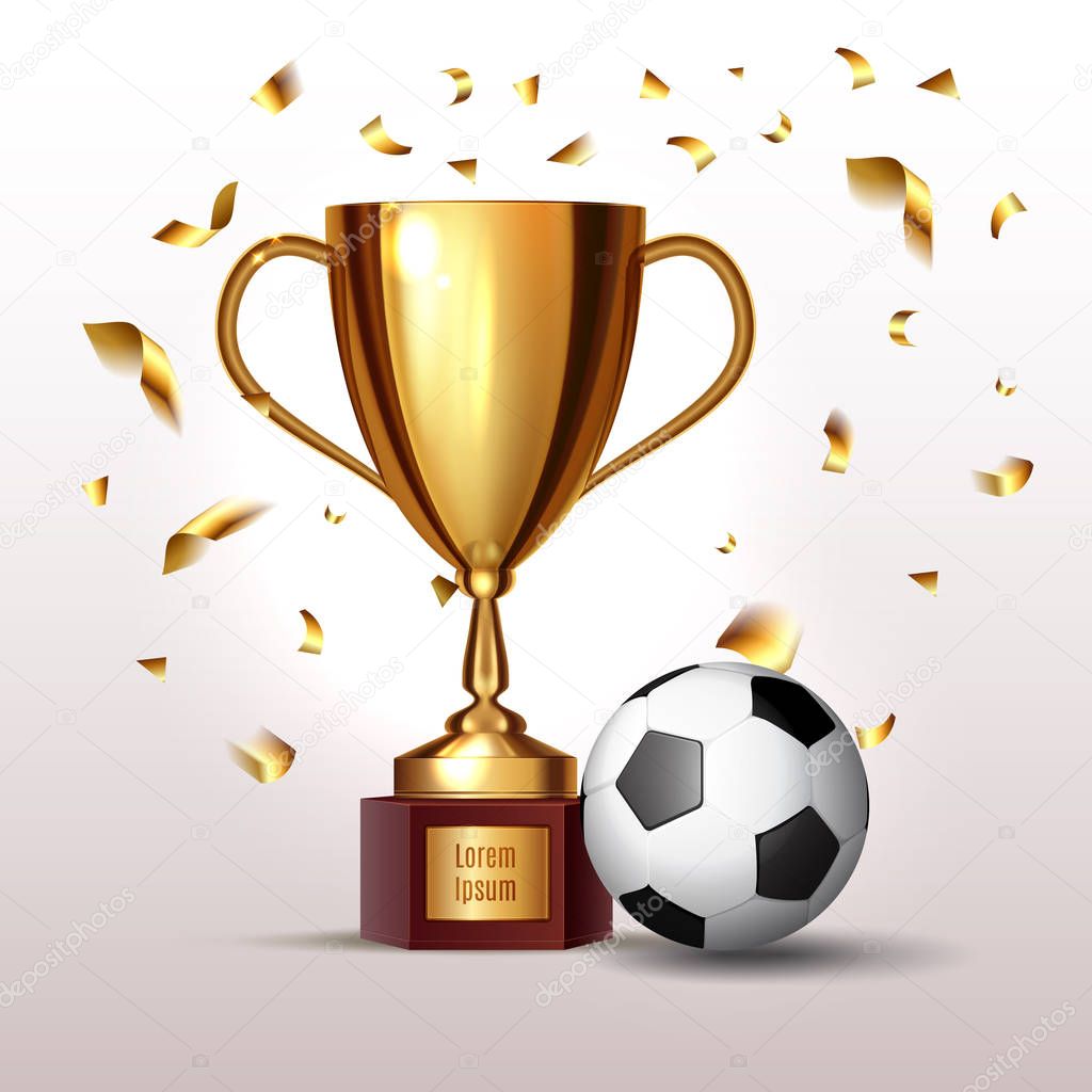 Golden realistic winner trophy cup and soccer ball isolated on white background with gold confetti. Vector illustration. 