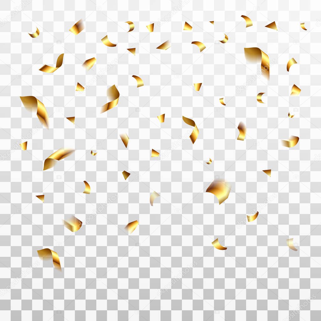 Festive glittering gold confetti falling. Isolated on white transparent background. Vector illustration, 