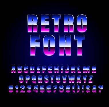 80'li yıllarda parlak krom alfabe Retro bilimkurgu tarzı. Vektör Retro galaxy alan yazı tipinde 1980 holografik yazı tipi stili. vektör çizim