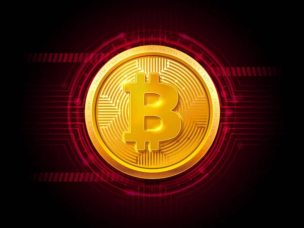 抽象的な技術 Hud Bitcoin 記号です 暗い背景に黄金 Bitcoin コイン 仮想マネー デジタル通貨 ベクトル — ストックベクタ