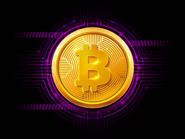 Absztrakt Technológia Hud Bitcoin Szimbólum Arany Bitcoin Érme Sötét Háttér — Stock Vector