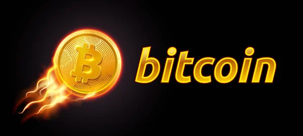 抽象的な技術 Bitcoin のシンボル 高でオレンジと黄色の炎火 Fluing で暗い背景に黄金 Bitcoin コイン 仮想マネー デジタル通貨 — ストックベクタ