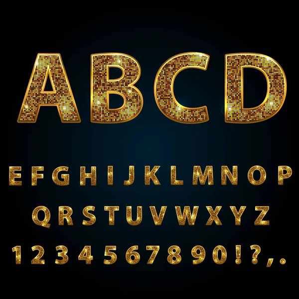 Golden Sparkle Glitter Rhinestone Alphabet Letters Numbers Signs Currency — Stock Vector