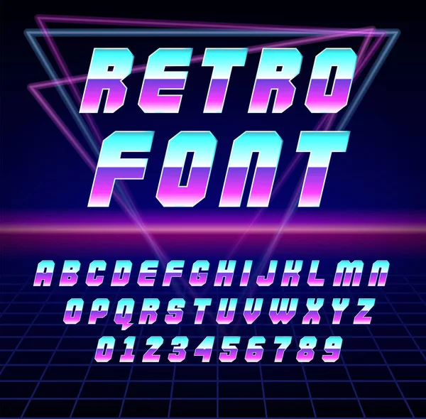 年代に光沢のあるクローム アルファベット レトロ未来派 のスタイル ベクター レトロ銀河スペース フォント 1980年ホログラフィック フォントのスタイルで ベクトル — ストックベクタ