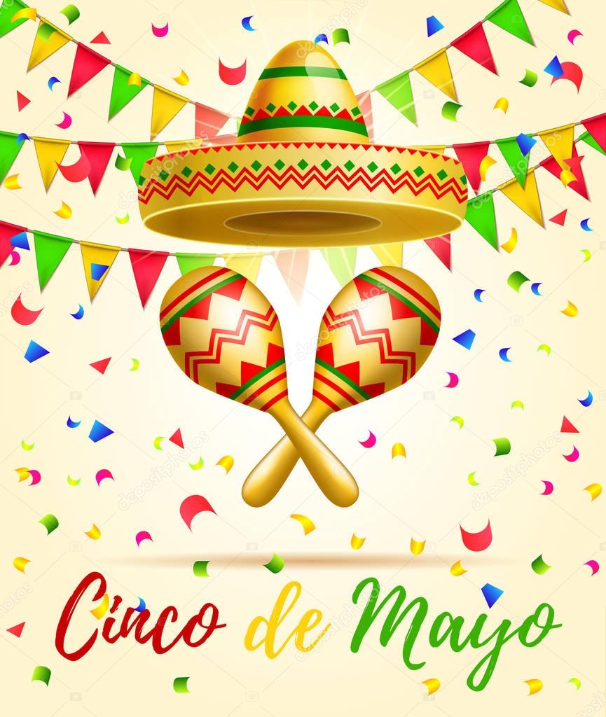 Cinco De Mayo lettering celebration vector background with sombrero, , garland, confetti ,maracas  royalty free stock for greeting card, ad, promotion, poster, flyer, social media, marketing. 