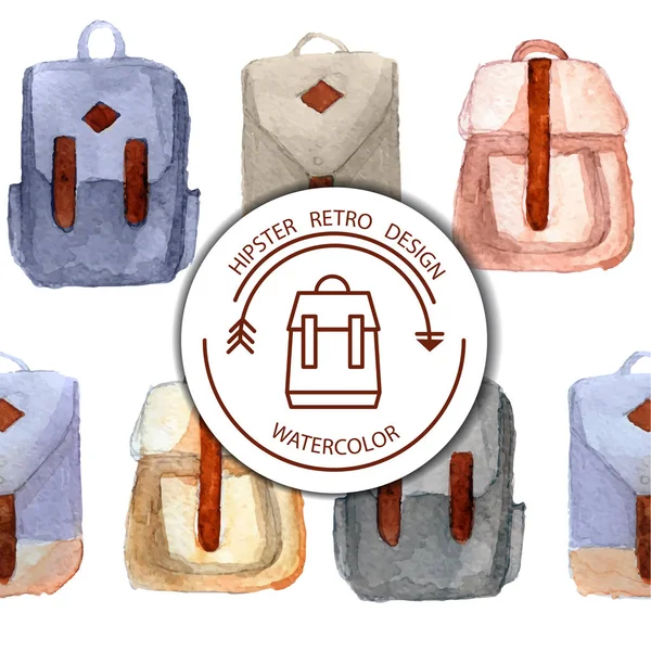 Varias mochilas retro acuarela, maletines en estilo hipster — Vector de stock