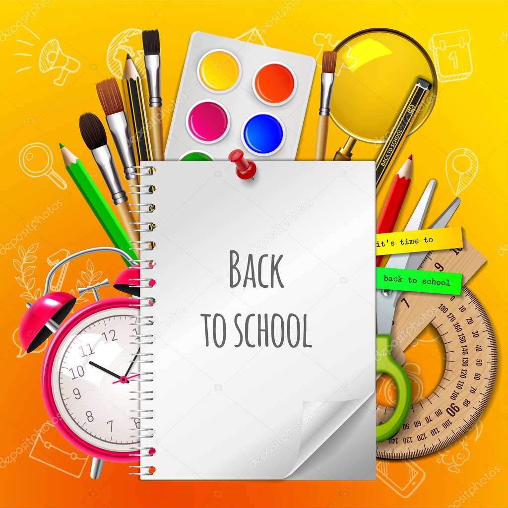 Welcome back to school with supplies on yellow background, vector illustration