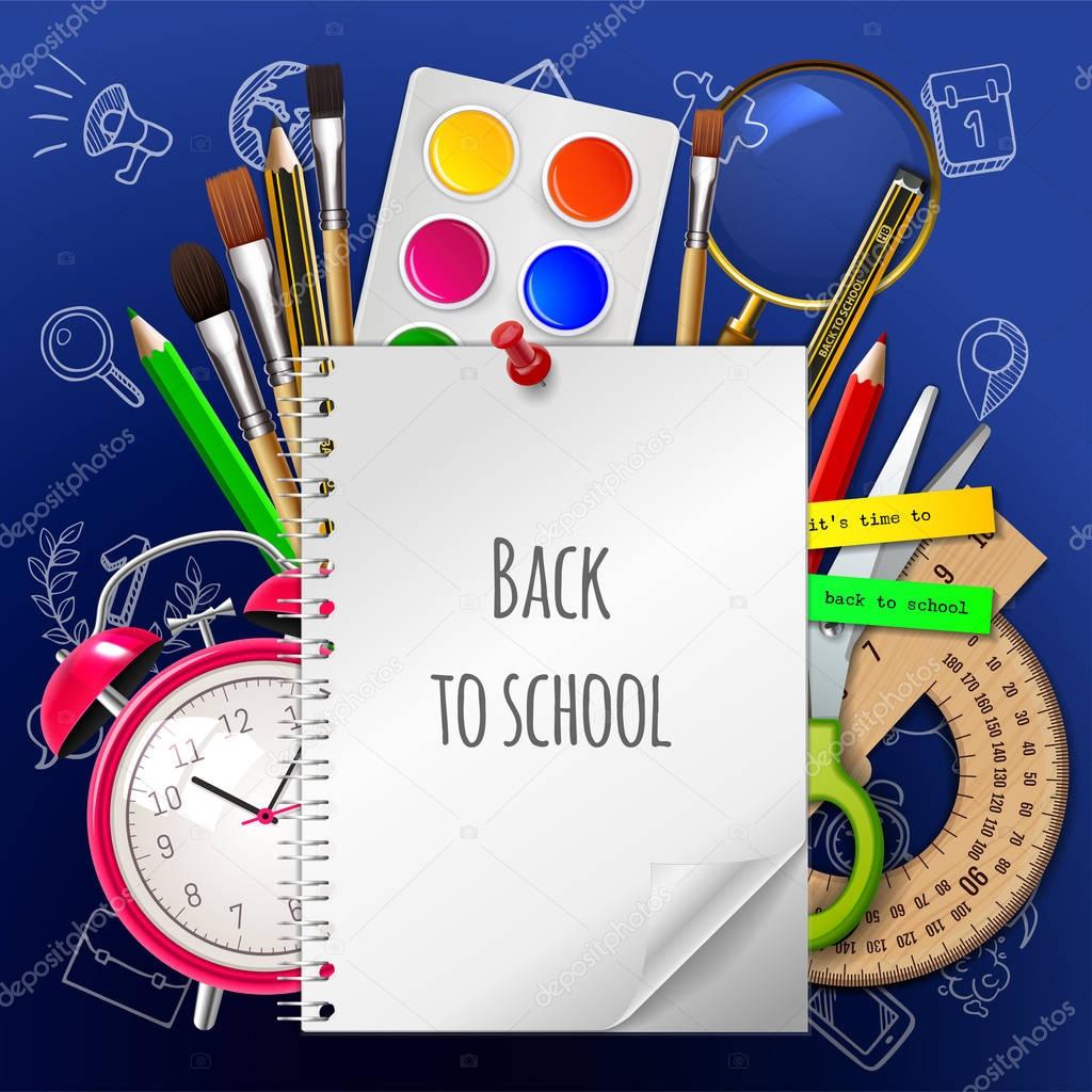Modern school background welcome back to school with place for your text and with supplies
