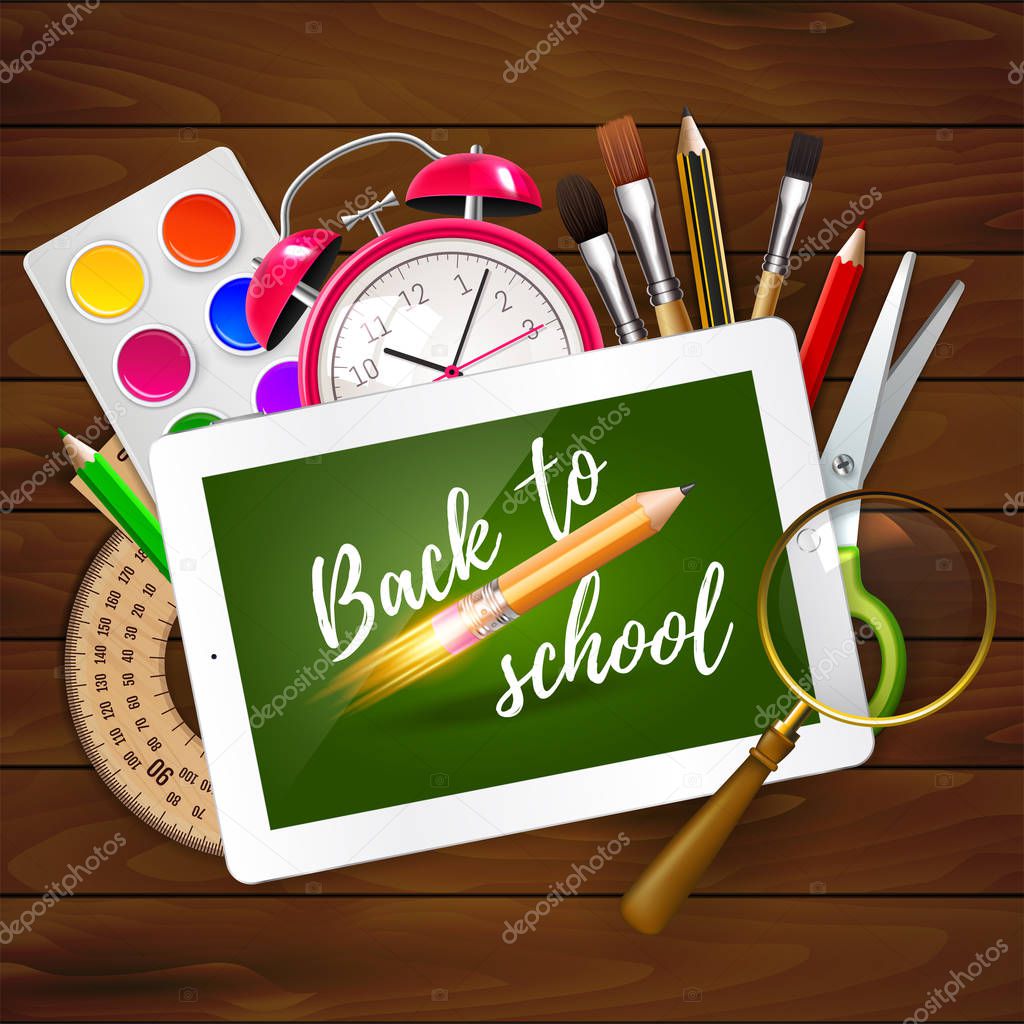 back to school against students desk with tablet pc. Vector illustration. EPS 10