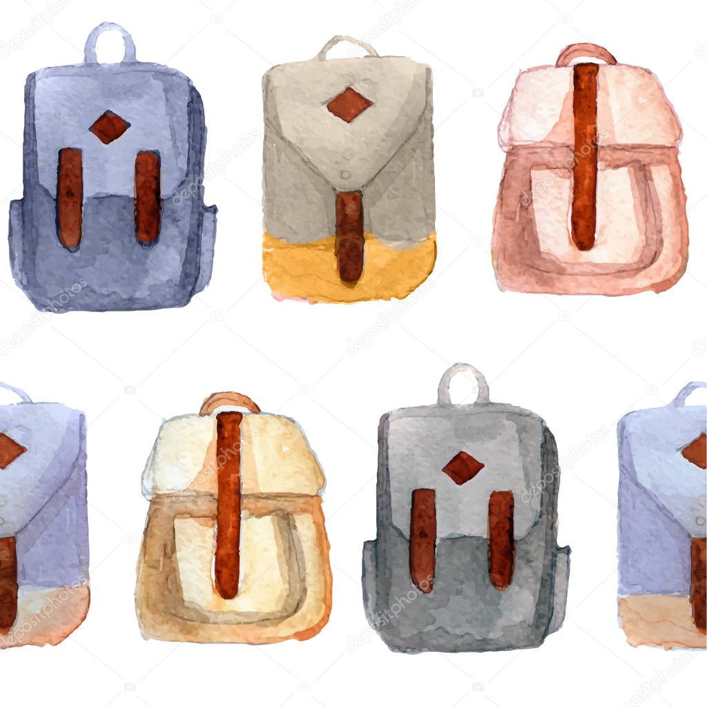 Various watercolor retro backpacks, briefcases in hipster style