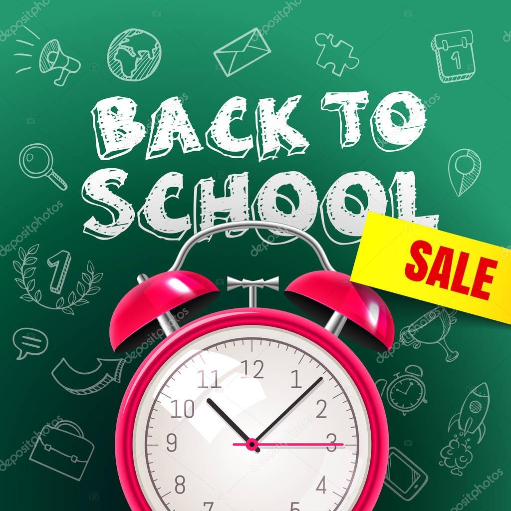 Welcome back to school sale background with alarm clock and blac