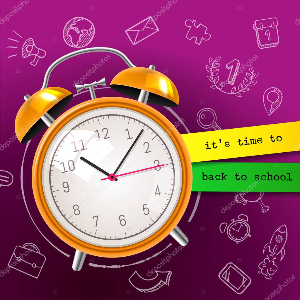 Its time to back to school sale background with alarm clock and blackboard, vector illustration. Great poster for school, department stores, office supplies sales, banner, online shop