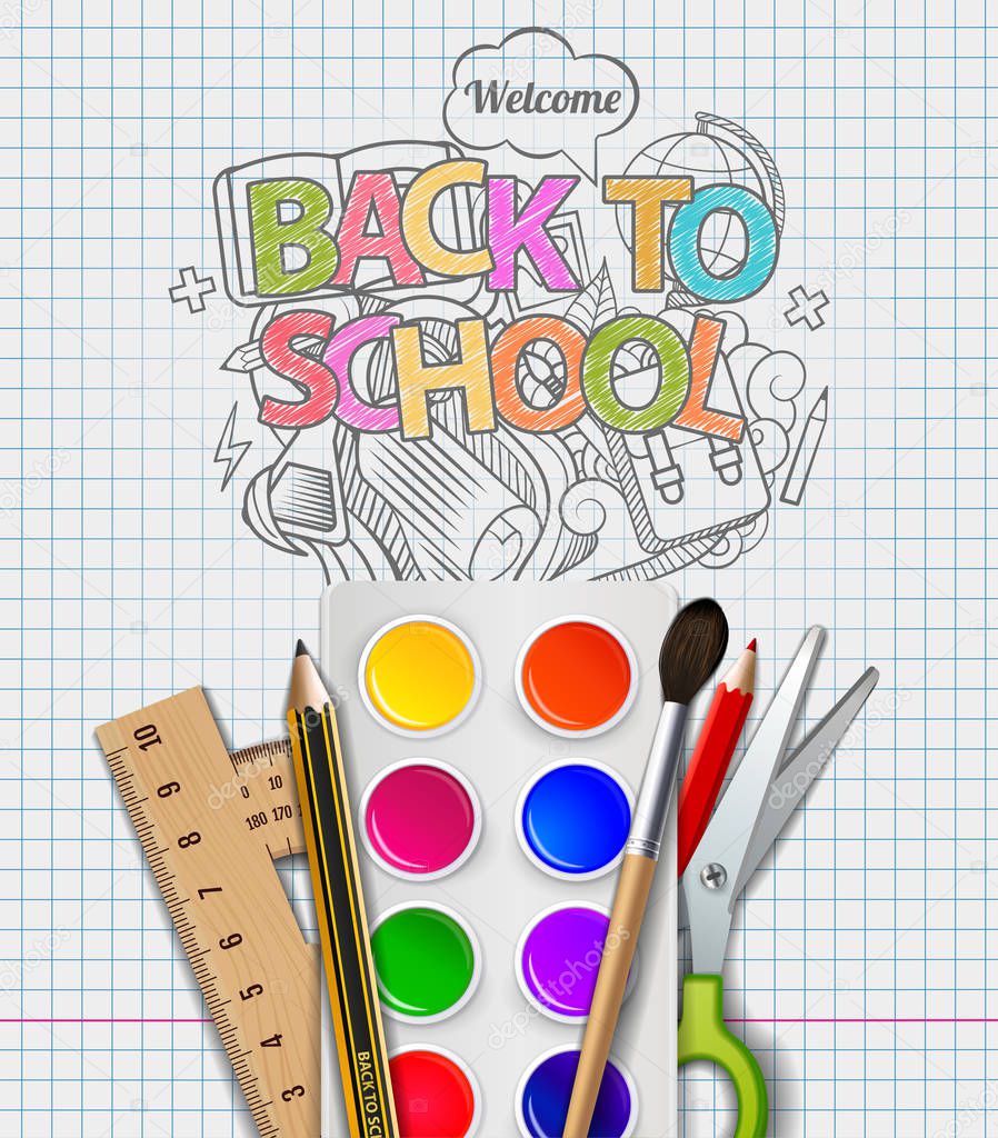 Hand-Drawn Back to School Sketchy Notebook Doodles. Watercolor paint, crayons, scissors, ruler and protractor, on the school board background with 