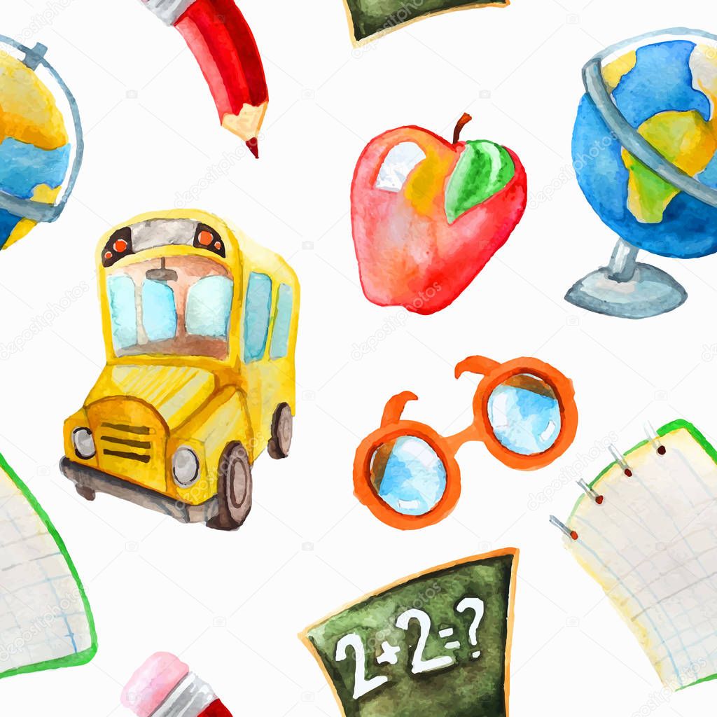 Watercolor hand drawn seamless of  school items. Back to school pattern. Globe, school bus, apple, glasses, pencil, notebook, school board, blackboard, math.