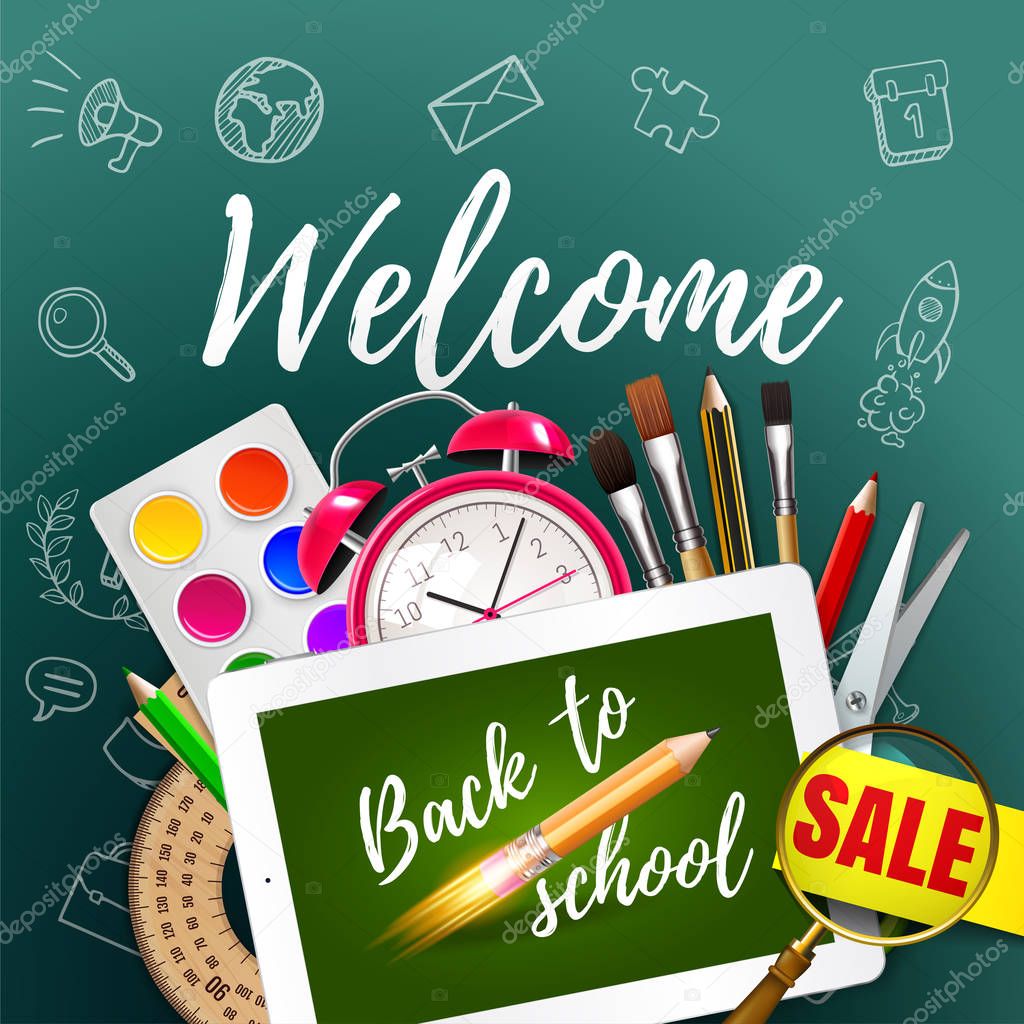 Tablet mock up template with school supplies on green blackboard . Welcome Back to school concept. Vector illustration. EPS 10