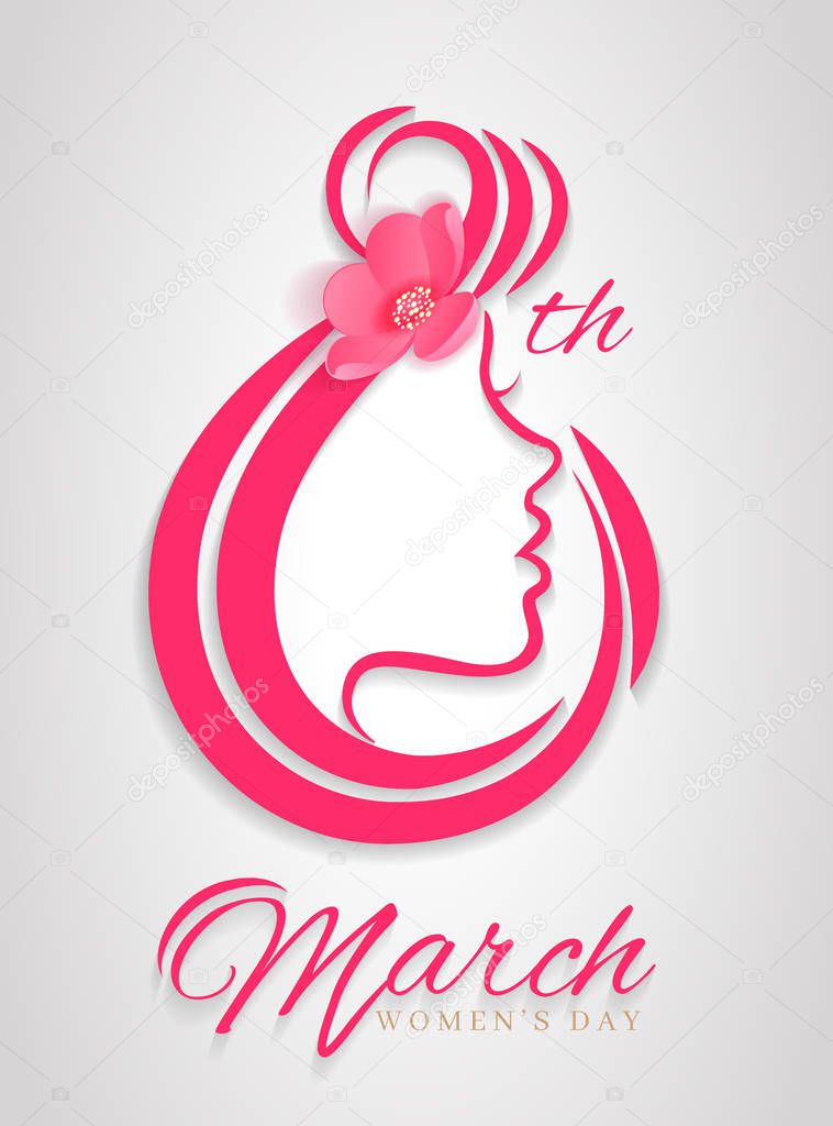 Elegant white greeting card for International Womens Day. Beautiful 8th March celebration concept with lettering and Woman profile silhouette girl with beautiful curly hair in a shape eight. Vector