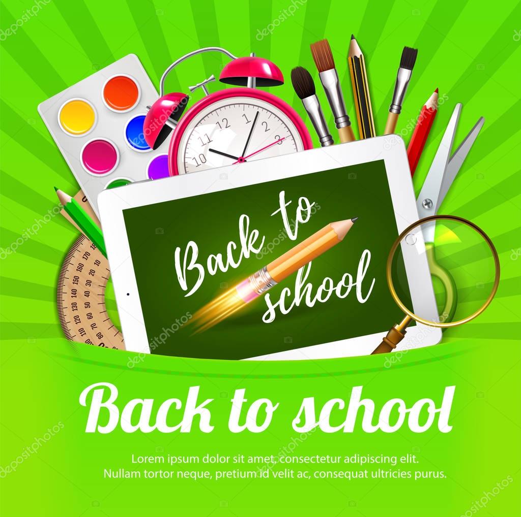 Colorful crayons,  magnifier, alarm clock, paint, tablet, rocket pencil idea creativity and other school supplies in green pocket.  Welcome Back to school concept. Vector illustration. EPS 10