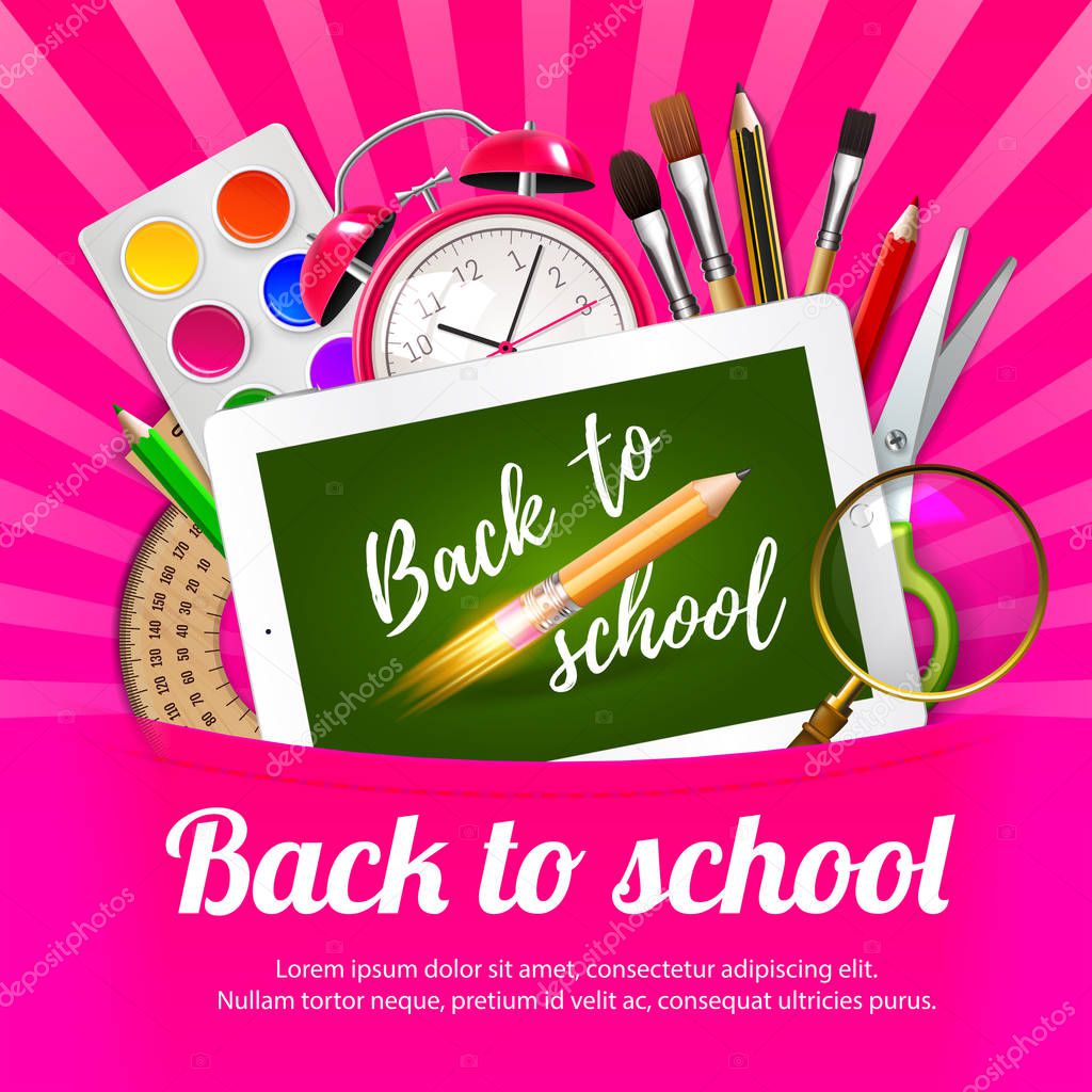 Colorful crayons,  magnifier, alarm clock, paint, tablet, rocket pencil idea creativity and other school supplies in pink pocket.  Welcome Back to school concept. Vector illustration. EPS 10