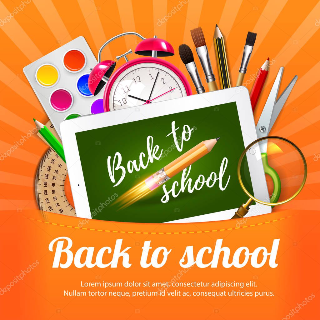 Colorful crayons,  magnifier, alarm clock, paint, tablet, rocket pencil idea creativity and other school supplies in orange pocket.  Welcome Back to school concept. Vector illustration. EPS 10