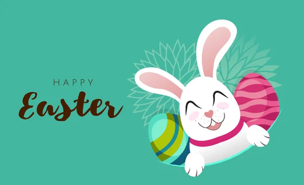 Beyaz Paskalya tavşanı ve renkli yumurtalı vektör tebrik kartı afişi. Paskalya yumurtalı komik tavşan. Paskalya Tavşanı. Yumurta avı. Mutlu Paskalya mektupları çocuklar için sevimli bir karakter. — Stok Vektör