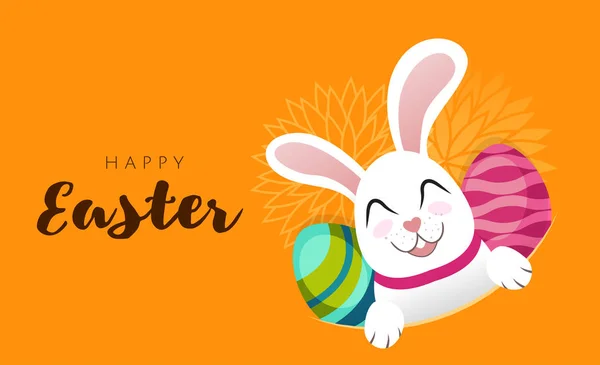 Beyaz Paskalya tavşanı ve renkli yumurtalı vektör tebrik kartı afişi. Paskalya yumurtalı komik tavşan. Paskalya Tavşanı. Yumurta avı. Mutlu Paskalya mektupları çocuklar için sevimli bir karakter. — Stok Vektör