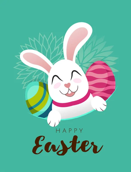 Banner de tarjeta de felicitación vectorial con conejo de Pascua blanco y huevos de colores. Conejito divertido con huevo de Pascua en estilo plano. Conejo de Pascua. Caza de huevos. Cartas de Pascua feliz carácter lindo para los niños — Vector de stock