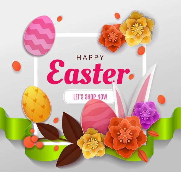 Happy Easter Elegant Card hari desain kartu ucapan dengan kertas origami dipotong, kerajinan bunga dan kelinci dengan telinga banny, bunga dan telur isolat di latar belakang putih. Ilustrasi vektor . - Stok Vektor