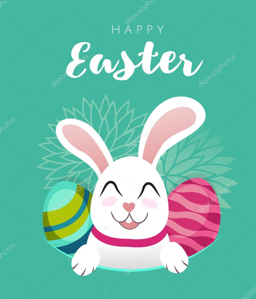 Vector Greeting card banner with white Easter rabbit and colored eggs. Funny bunny with easter egg in flat style. Easter Bunny. Egg hunt. Happy easter lettering card cute character for children