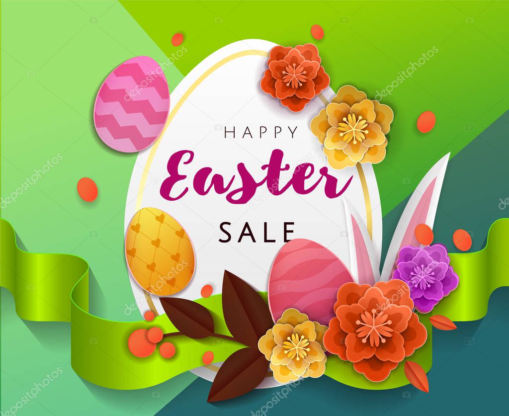 Easter sale banner card with  background template with egg frame, beautiful colorful spring flowers and  eggs, flat easter icons on colorful modern geometric background. Vector illustration