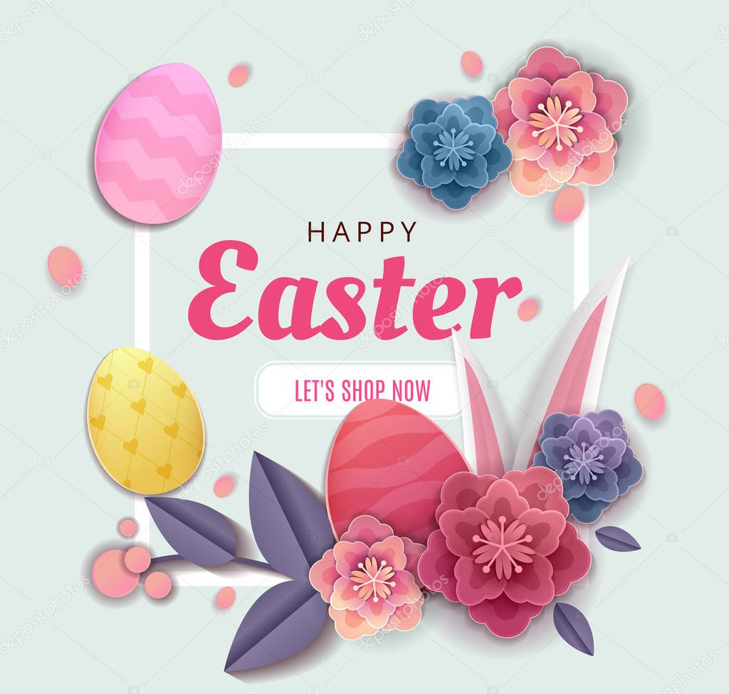 Happy Easter Elegant card day greeting card design with origami paper cut, craft blossoms flowers and rabbits with banny ears, flowers and egg isoalted in white background. Vector illustration.