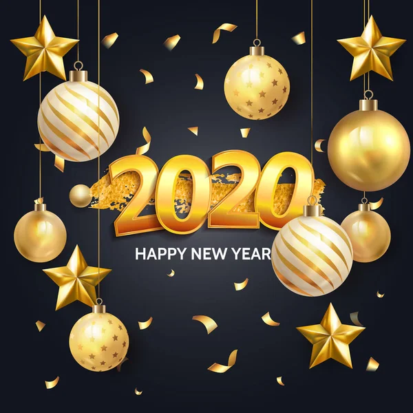 Gold elegant Invitation happy new year 2020 ink splash poster banner card template with christmas glass ball. Vector Happy winter holiday greeting card design celebration party. Vecor illustration — Stock Vector
