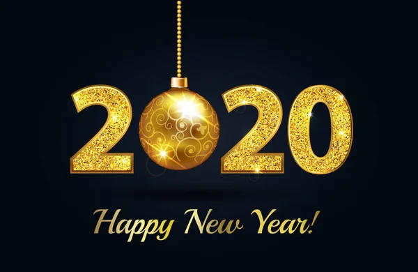 Feliz ano novo 2020 Sparkle número efeito ouro texto com luz e bola de Natal. Ouro 2020 feliz ano novo fundo preto . — Fotografia de Stock