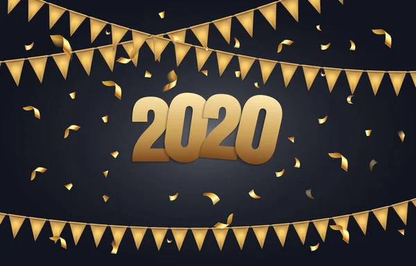 Happy New Year 2020 background with black and gold color, flags garland and confetti. Greeting card design celebration. Vector illustration. — Stock Vector