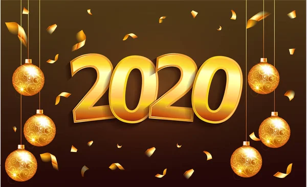 2020 lettering gold numbers isolated in dark brown background. Glossy Christmas 2020 banner with christmas ball luxury cards invitations party for the New Year 2020 and Christmas Modern design gold. — Stock Vector
