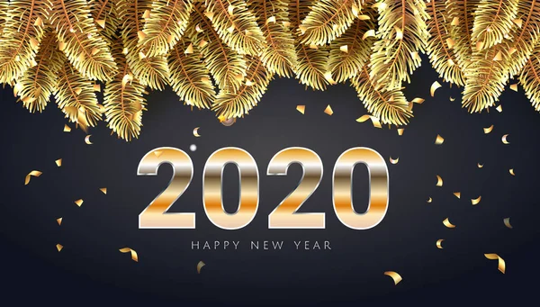 2020 Happy new Year golden lettering luxury premium brown template with golden Christmas fir tree branches in black sparkling confetti background. Happy New Year card design. Vector illustration EPS. — Stock Vector