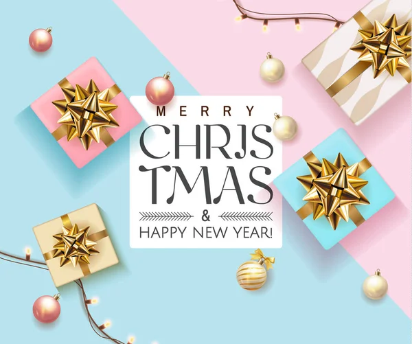 Счастливого Рождества и счастливого Нового года баннер с реалистичным видом сверху розовый и синий подарочные коробки, рождественский бал, праздничный плакат Рождества, поздравительные открытки. Рекламная брошюра. мягкий элегантный цвет — стоковый вектор