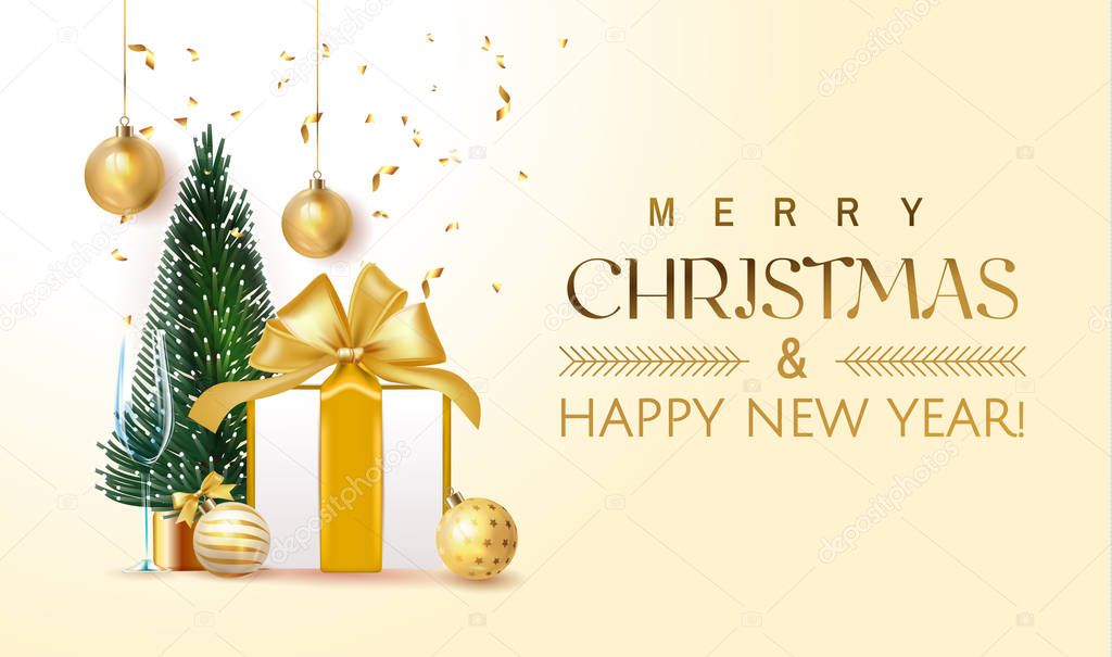 Merry Christmas and Happy New Year Holiday beige poster illustration with realistic vector 3d objects, Christmas tree, glass ball, gift boxes, gold confetti with golden paint splash with lettering