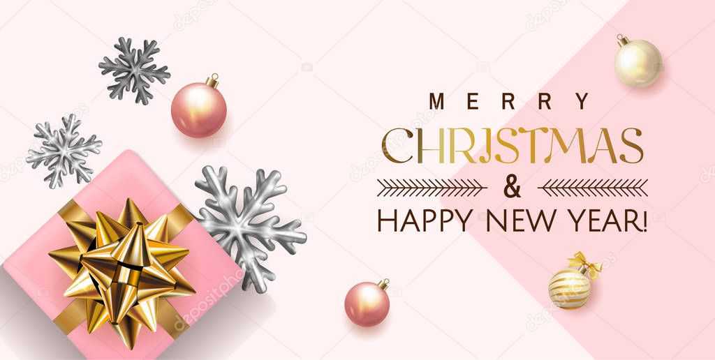 White and pink Merry Christmas and Happy New Year Holiday soft banner illustration with realistic vector 3d objects, Christmas ball, pink and gold gift box with gold bow and Christmas bulb garland