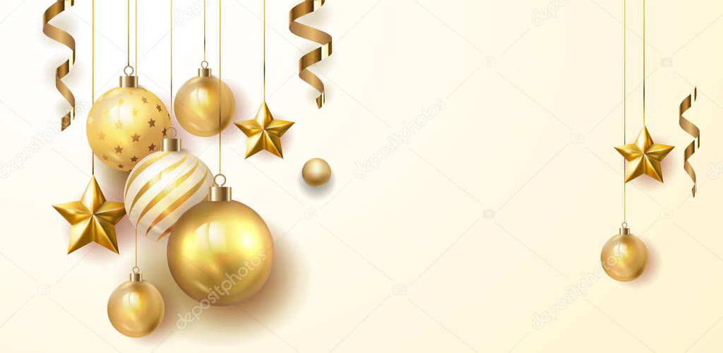Golden Christmas  balls light white background. Festive xmas decoration gold glass christmas balls and glossy snowflake, stars, hanging on the ribbon. Vector illustration banner design template EPS 10
