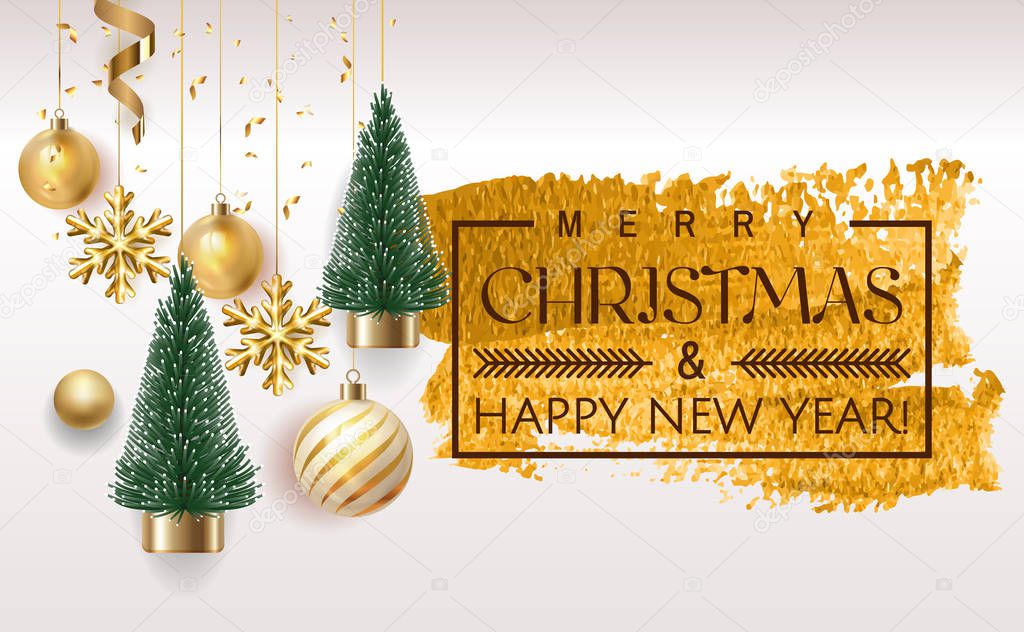 Merry Christmas and Happy New Year Holiday white banner illustration. Xmas design with realistic vector 3d objects, christmas tree, golden christmass ball, snowflake, glitter gold confetti