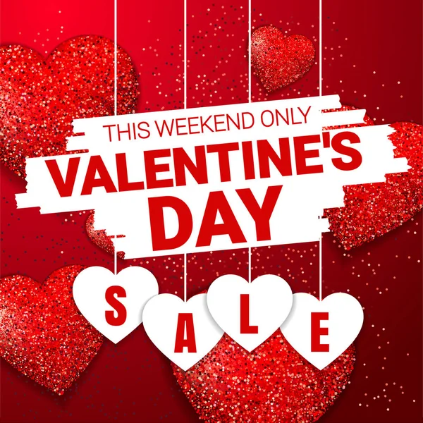 Valentine's day sale offer, banner template. Red gitter heart with lettering, isolated on red background. Valentines Heart sale tags. Shop market poster design. Vector — Stock Vector