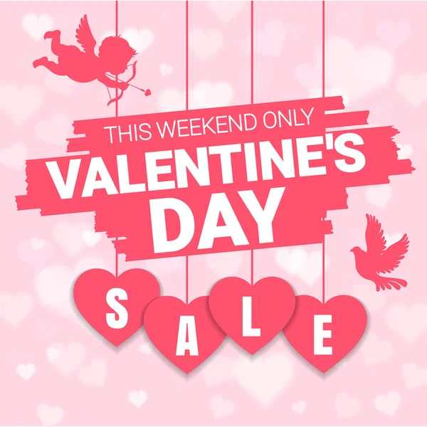 Valentine's day sale offer, banner template. Pink heart with lettering, isolated on pink background. Valentines Heart sale with cupidon. Shop market poster design. Vector — Stock Vector