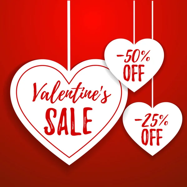 Valentine's day sale offer, banner template. Red heart with lettering, isolated on red background. Valentines Heart sale tags. Shop market poster design. Vector — Stock Vector