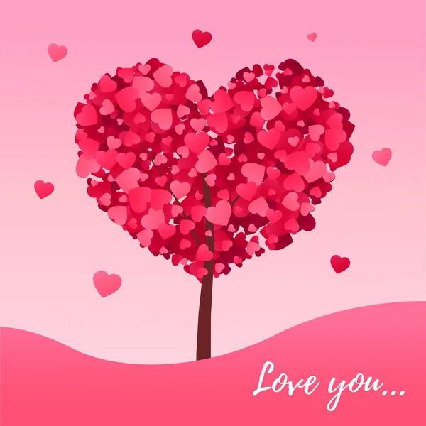 Το φόντο του Αγίου Βαλεντίνου με ένα δέντρο φτιαγμένο από καρδιές. Όμορφο ροζ φυτό του έρωτα με Lettering σας αγαπούν. Χαρούμενη κάρτα Αγίου Βαλεντίνου. Εικονογράφηση διανύσματος. Eps 10 — Διανυσματικό Αρχείο